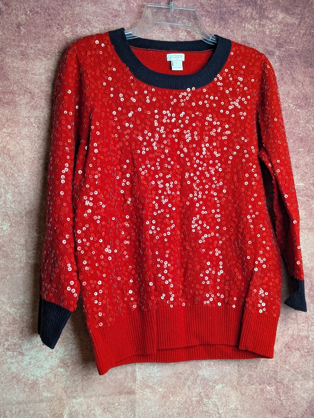 J.Crew Red Sequin Merino Wool Blend Sweater Navy Trim Size L Holiday